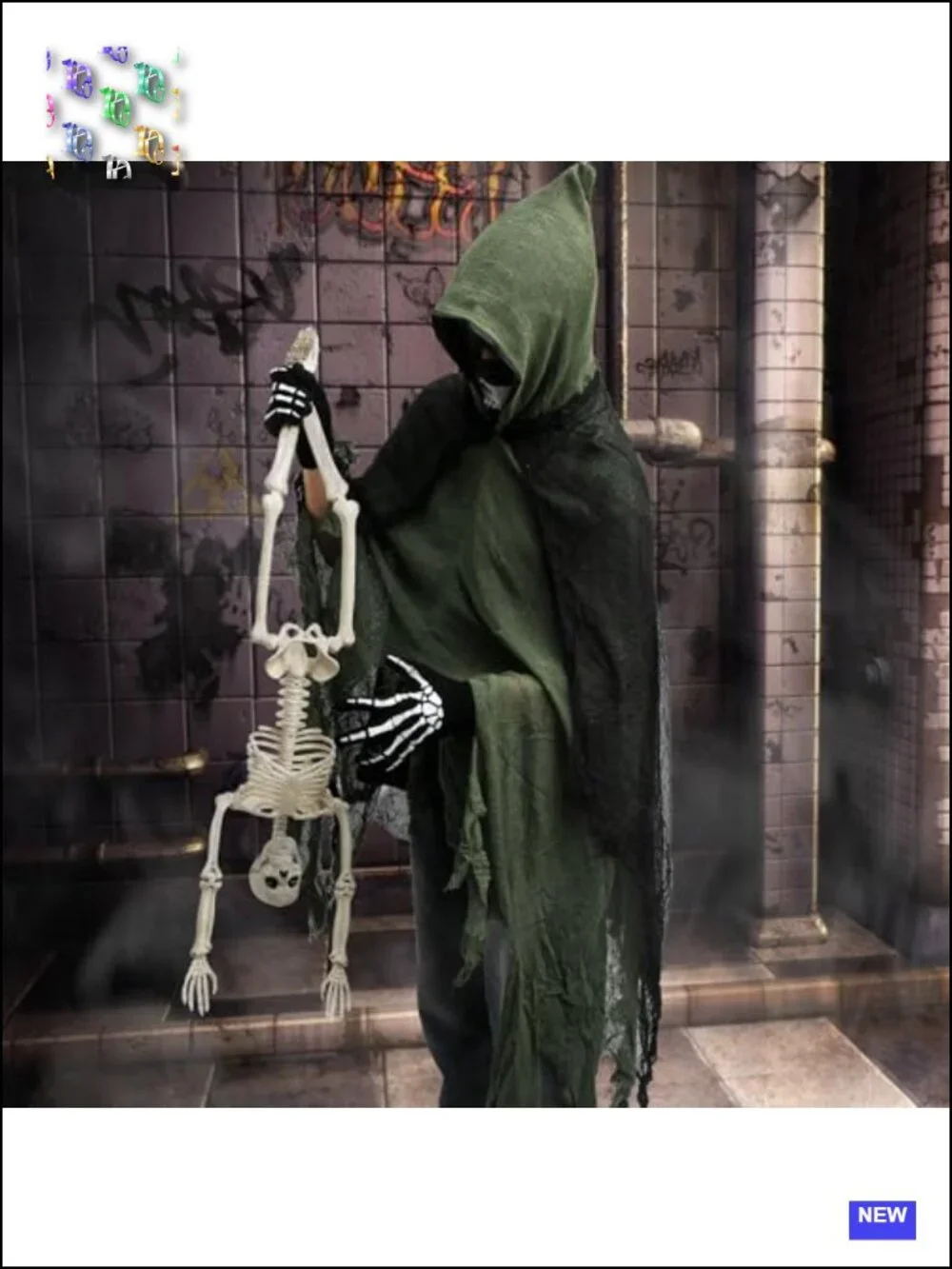 Halloween Hooded Mesh Cloak Costume Set with Gloves Mask Tattoos